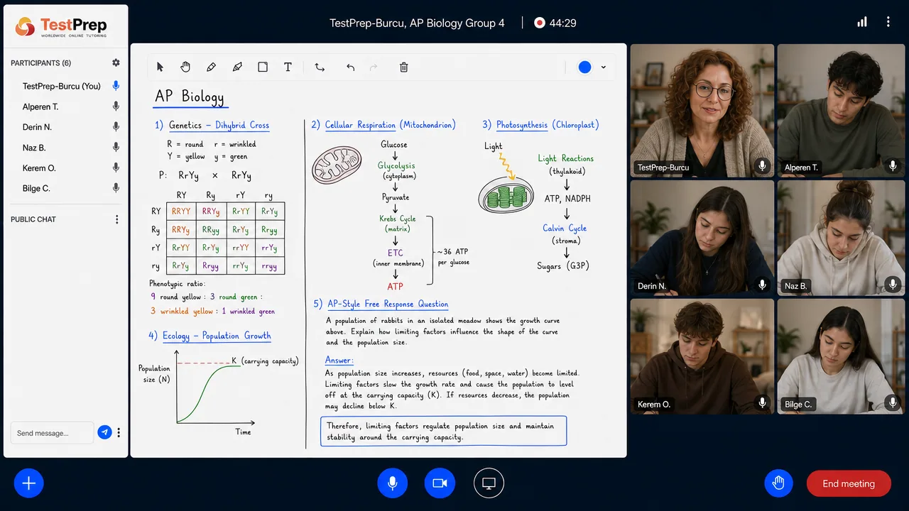 AP Biology small-group lesson in the TestPrep classroom, capped at six students