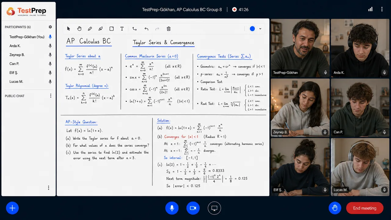 AP Calculus BC group lesson in the TestPrep classroom, whiteboard showing Taylor series and convergence tests